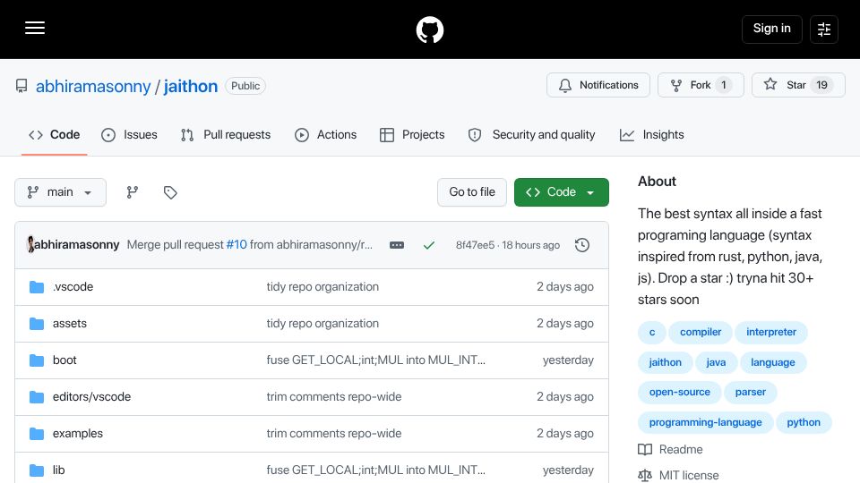 Screenshot of github.com: Jaithon 3, a fast programming language with the perfect syntax