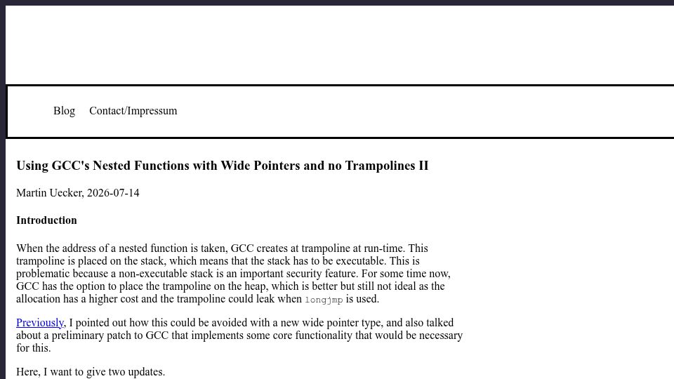 Screenshot of uecker.codeberg.page: Using GCC's Nested Functions with Wide Pointers and No Trampolines II