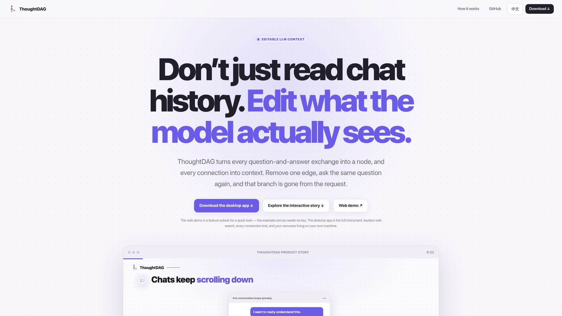 Screenshot of chenxiachan.github.io: Show HN: ThoughtDAG – An editable context graph for LLM conversations