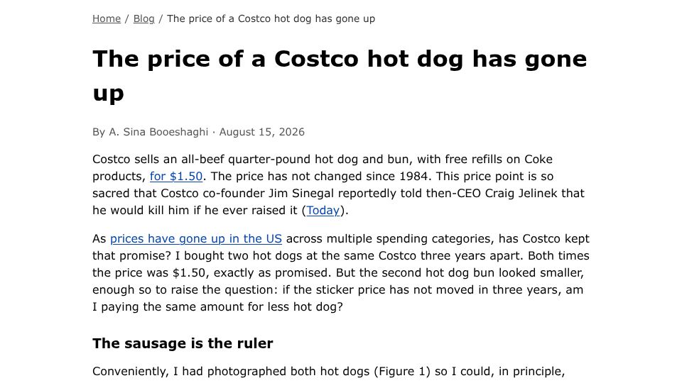 Screenshot of sina.bio: The price of a Costco hot dog has gone up