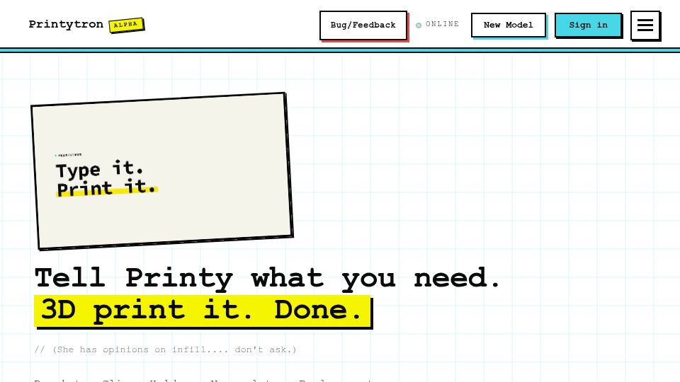 Screenshot of printytron.com: Printytron – Describe a part, get a printable STL