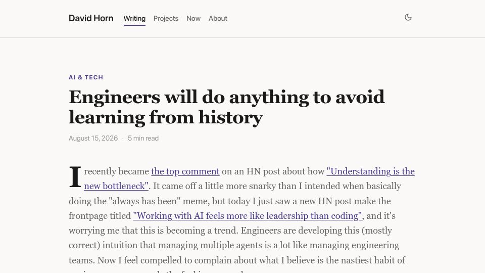 Screenshot of horn.gg: Engineers will do anything to avoid learning from history