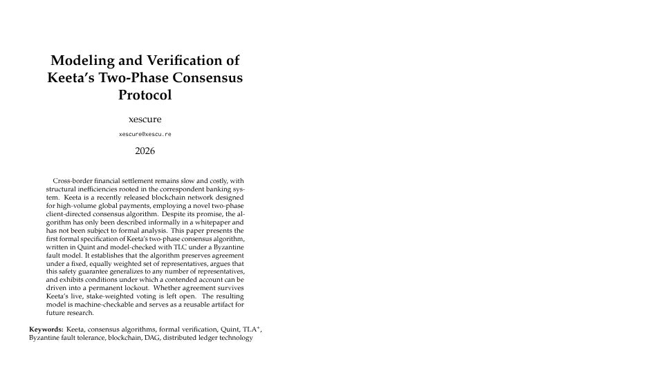 Screenshot of xescu.re: Modeling and Verification of Keeta's Consensus [pdf]