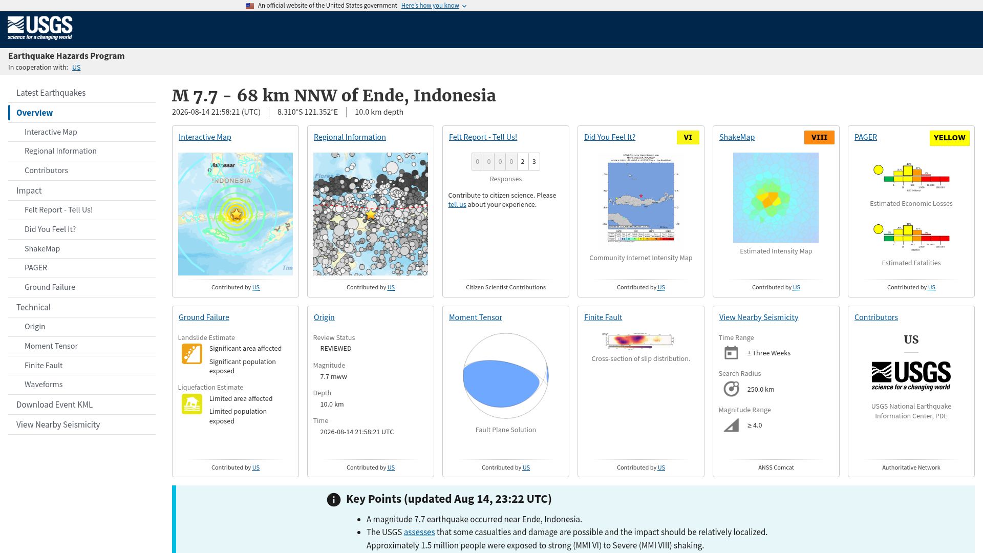 Screenshot of earthquake.usgs.gov: Magnitude 7.7 Earthquake – 68 km NNW of Ende, Indonesia