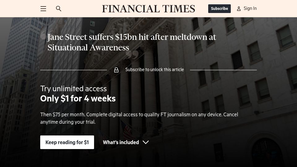 Screenshot of ft.com: Jane Street suffers $15B hit after meltdown at Situational Awareness