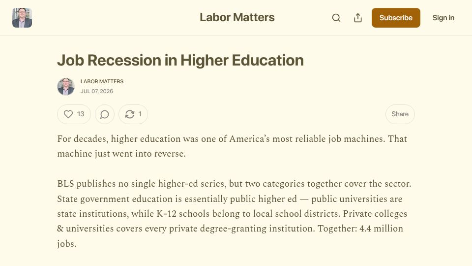 Screenshot of gadlevanon.substack.com: Job Recession in Higher Education