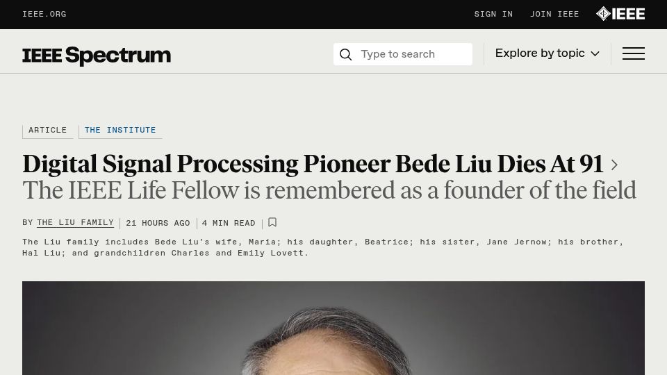 Screenshot of spectrum.ieee.org: Bede Liu, a digital signal processing pioneer, has died