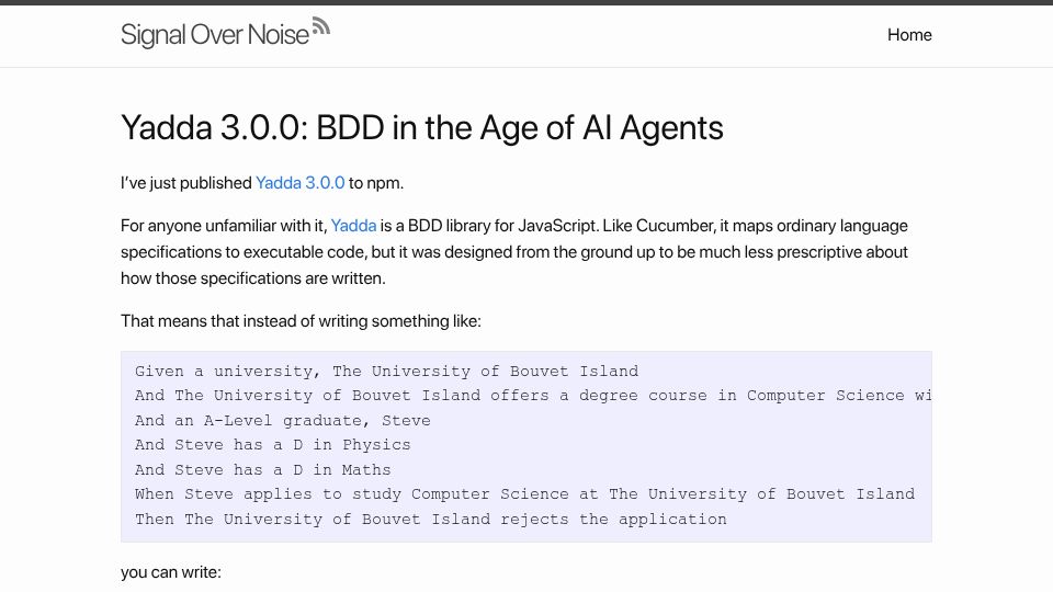 Screenshot of stephen-cresswell.com: Yadda 3.0.0: BDD in the Age of AI Agents