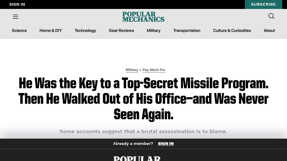 Screenshot of popularmechanics.com: In 1962, Egypt's Missile Program Lost Its Key Scientist Without a Trace