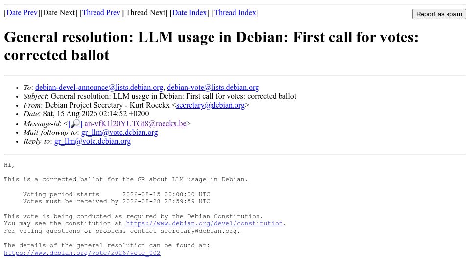 Screenshot of lists.debian.org: Debian has begun voting on the future of AI/LLM contributions
