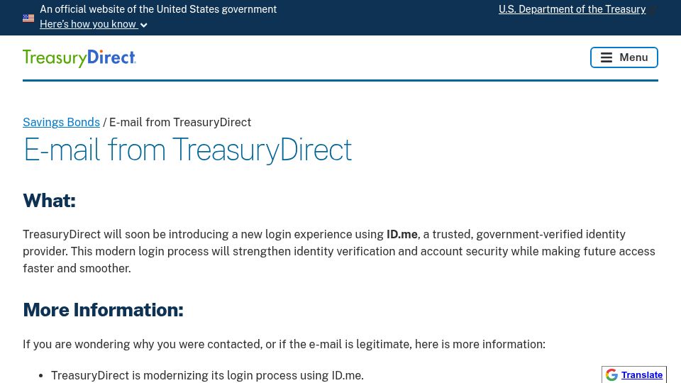Screenshot of treasurydirect.gov: TreasuryDirect: Prepare for ID.me – Your New Way to Log In