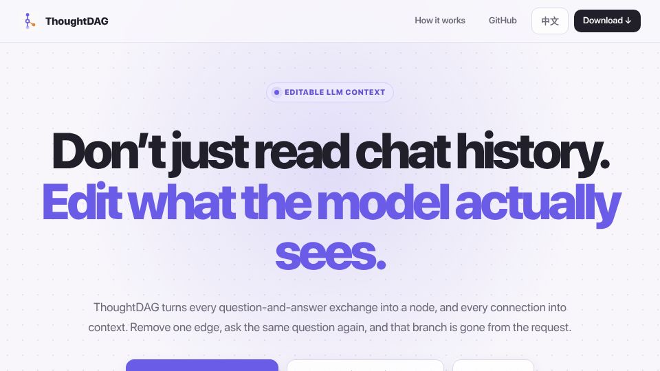 Screenshot of chenxiachan.github.io: Show HN: ThoughtDAG – An editable context graph for LLM conversations