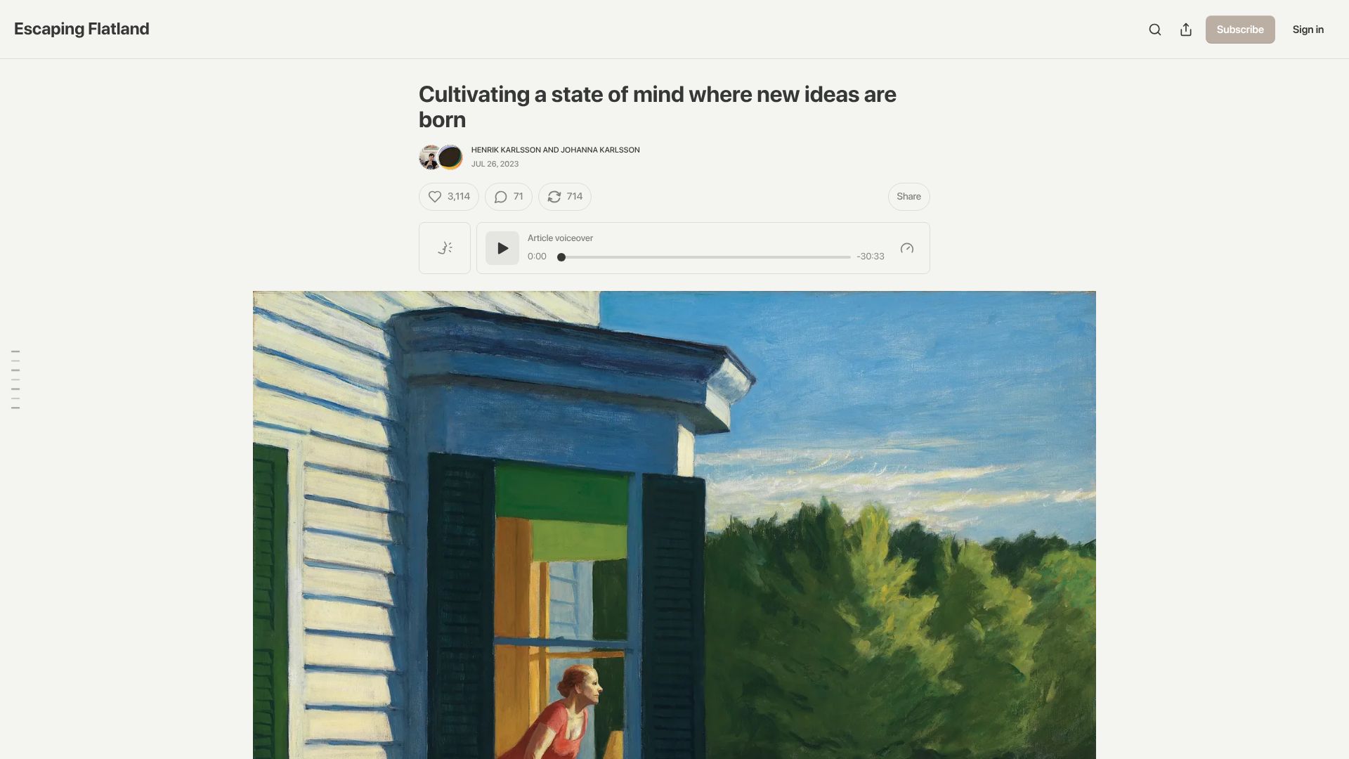 Screenshot of henrikkarlsson.xyz: Cultivating a state of mind where new ideas are born (2023)