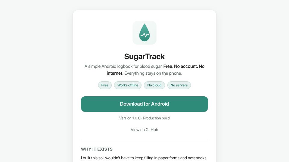 Screenshot of sugartrack-beta.vercel.app: SugarTrack – an offline Android logbook for blood sugar (no account, no cloud)
