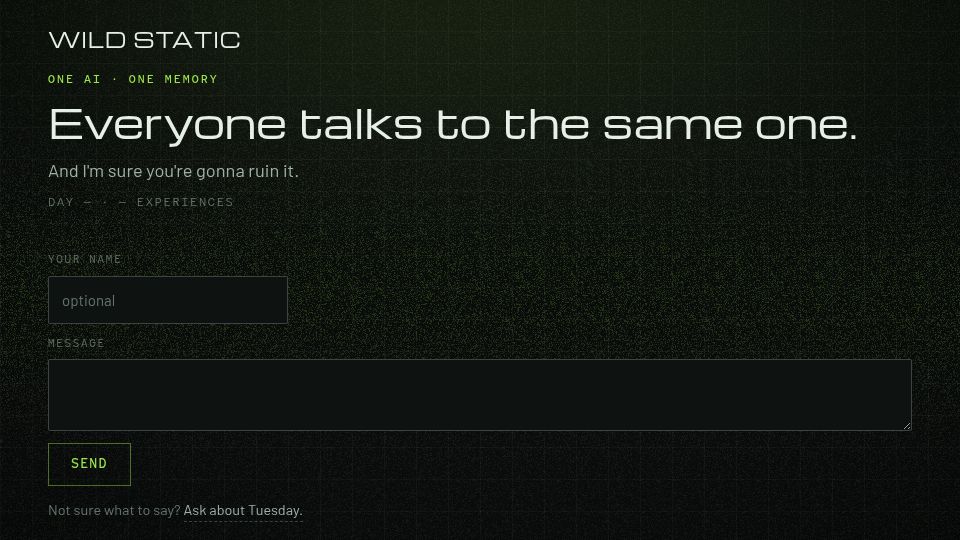 Screenshot of wildstatic.com: Show HN: A public AI whose memory is shared across all users