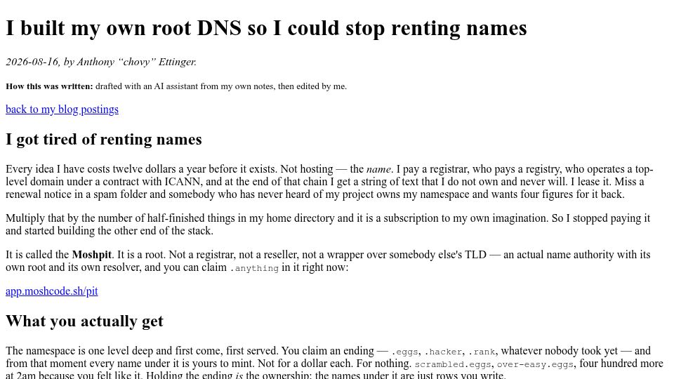 Screenshot of anthony.dev.profullstack.com: I built my own root DNS so I could stop renting names
