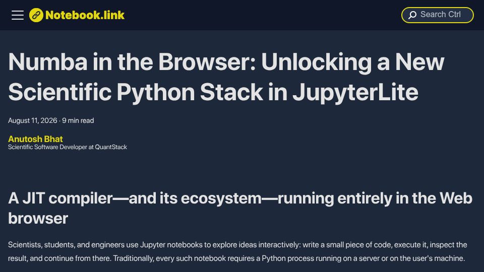 Screenshot of notebook.link: Numba in the Browser: Unlocking a New Scientific Python Stack in JupyterLite