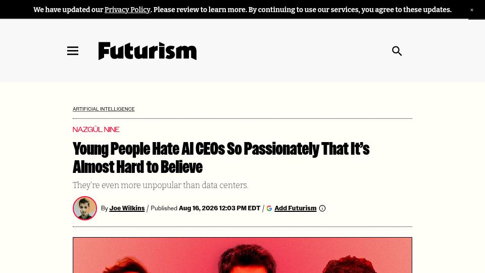 Screenshot of futurism.com: Young People Hate AI CEOs So Passionately That It's Almost Hard to Believe
