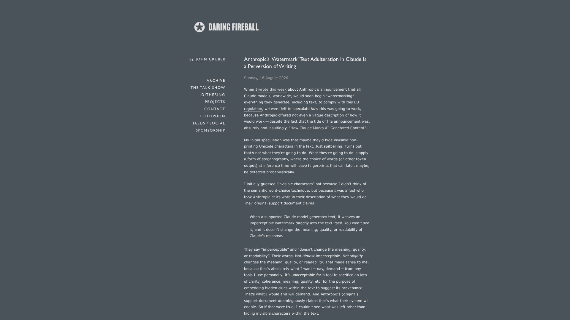 Screenshot of daringfireball.net: Anthropic's ‘watermark’ text adulteration in Claude is a perversion of writing