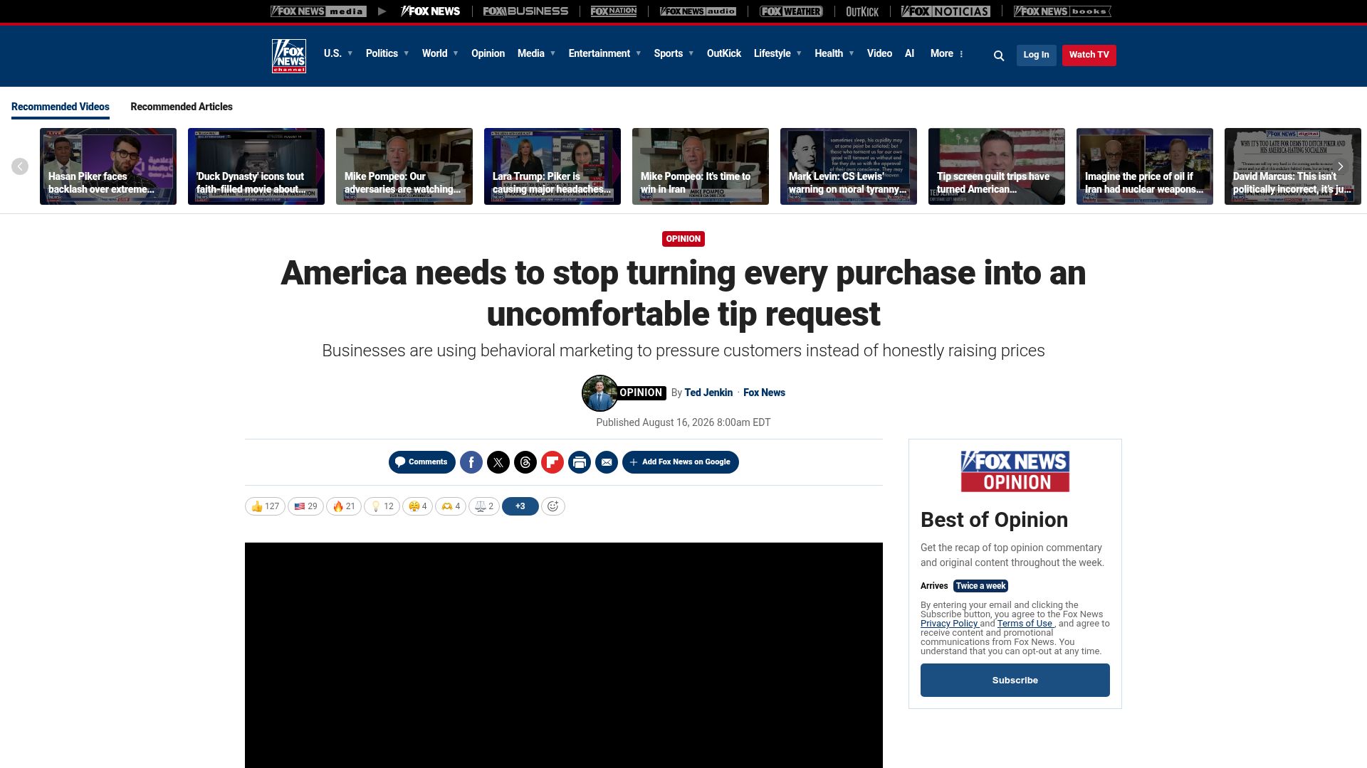 Screenshot of foxnews.com: Stop Turning every purchase into a tip request