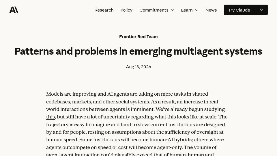 Screenshot of anthropic.com: Patterns and problems in emerging multi-agent systems