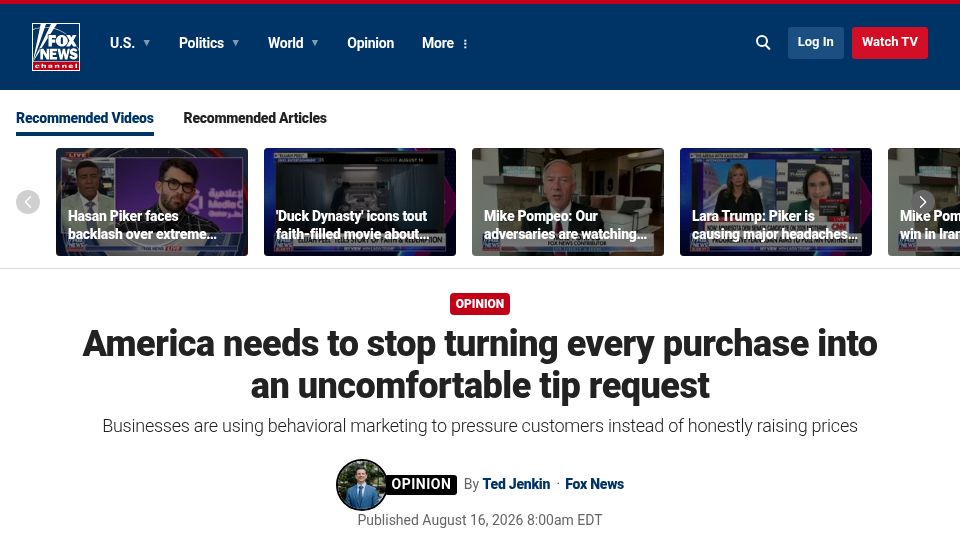 Screenshot of foxnews.com: Stop Turning every purchase into a tip request