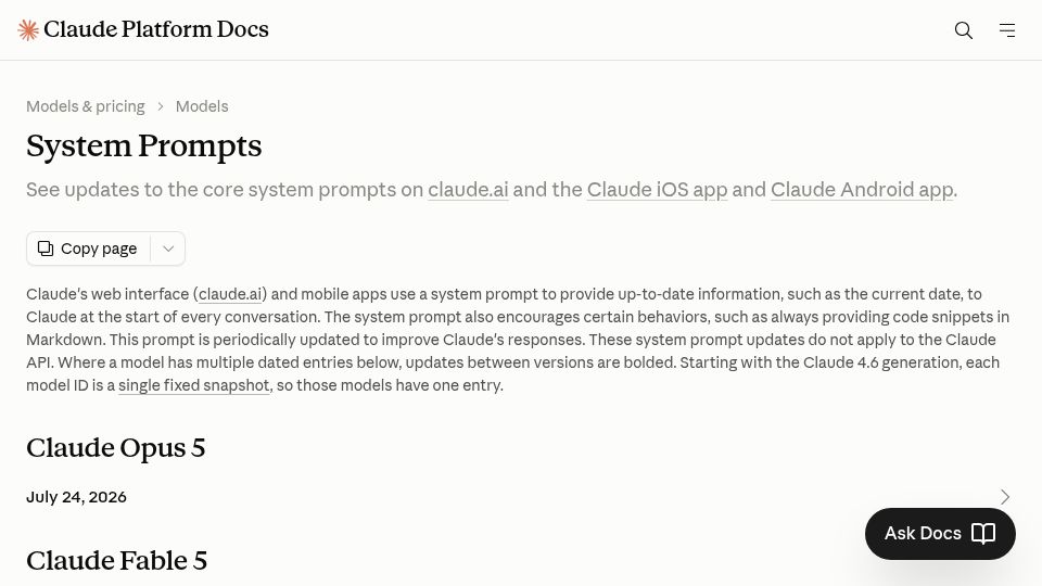 Screenshot of platform.claude.com: Claude: System Prompts
