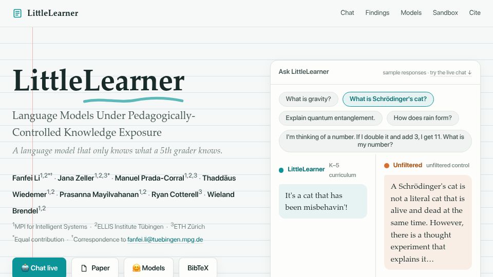 Screenshot of littlelearner-ll.github.io: What happens when an LLM never sees material beyond fifth grade?