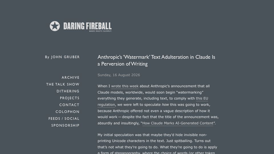 Screenshot of daringfireball.net: Anthropic's ‘watermark’ text adulteration in Claude is a perversion of writing