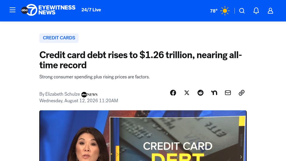 Screenshot of abc7.com: Credit card debt rises to $1.26T, nearing all-time record