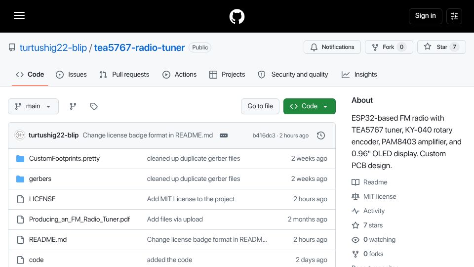 Screenshot of github.com: Tea5767-Radio-Tuner