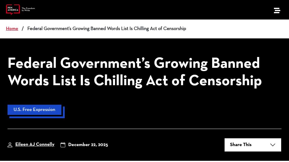 Screenshot of pen.org: Banned Words List