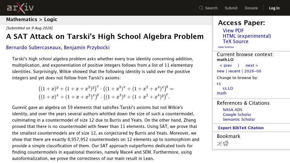 Screenshot of arxiv.org: A SAT Attack on Tarski's High School Algebra Problem