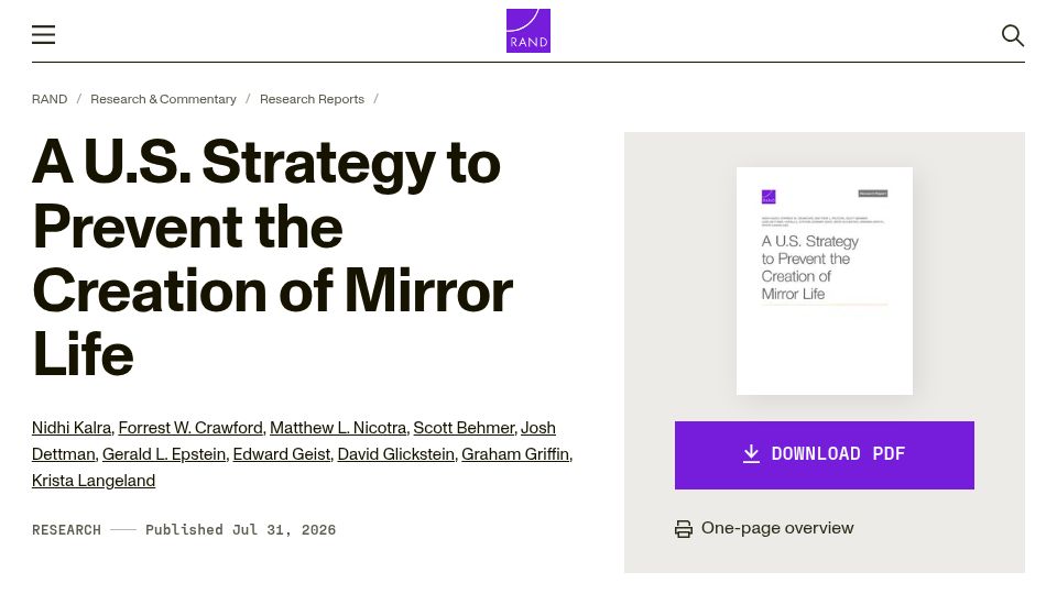 Screenshot of rand.org: A U.S. Strategy to Prevent the Creation of Mirror Life