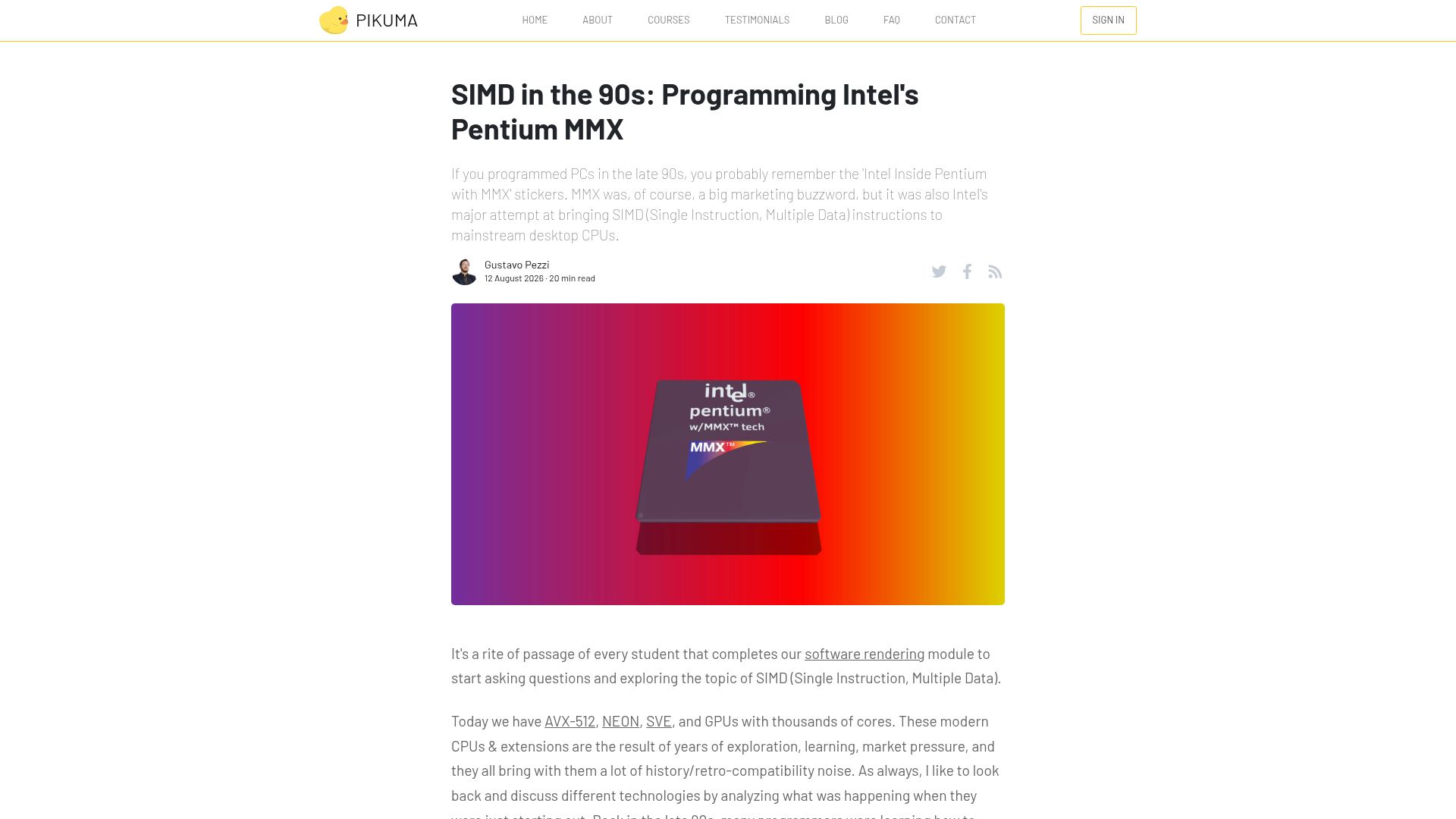 Screenshot of pikuma.com: SIMD in the 90s: Programming Intel's Pentium MMX