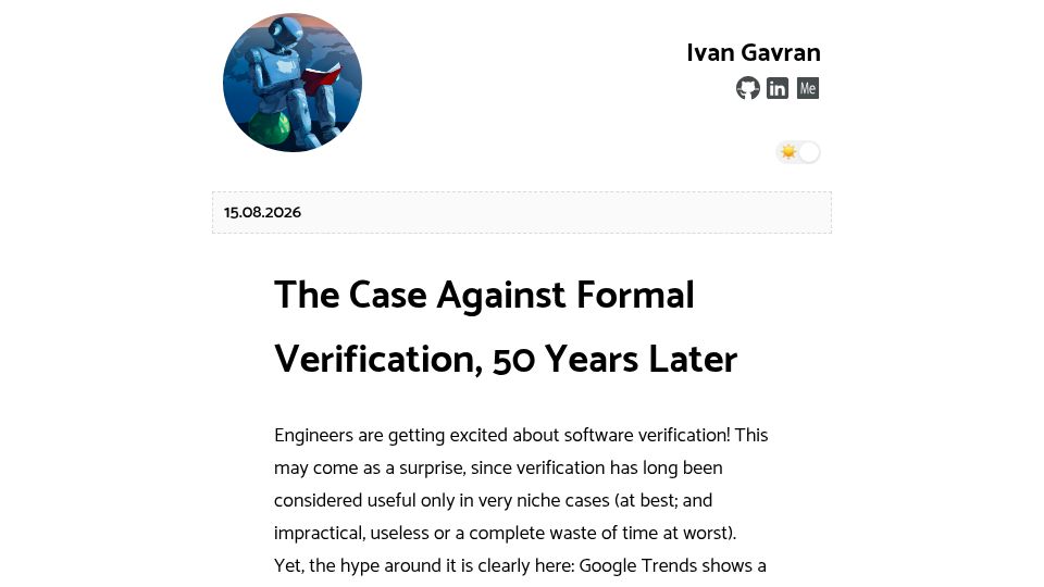 Screenshot of ivan-gavran.github.io: The Case Against Formal Verification, 50 Years Later