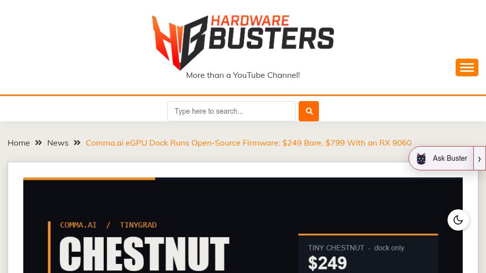 Screenshot of hwbusters.com: Chestnut – eGPU dock with open-source firmware
