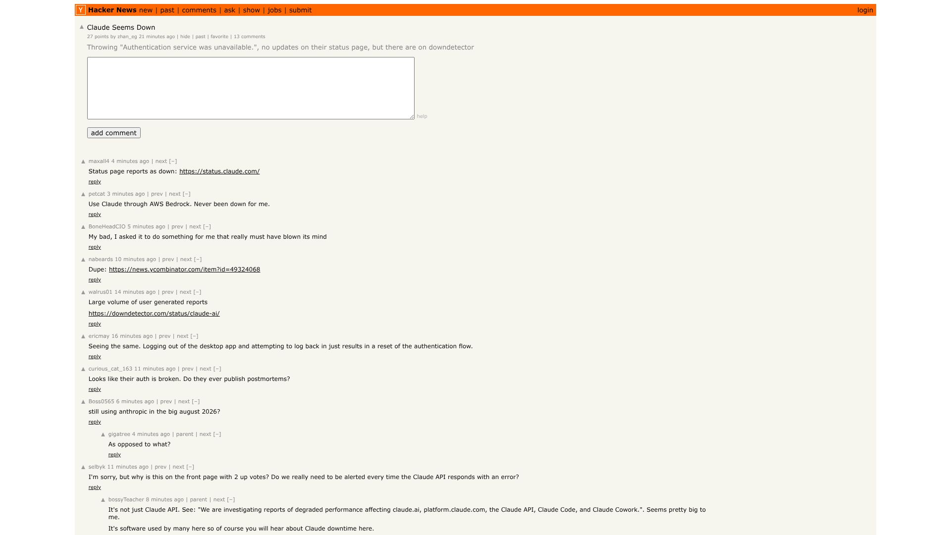 Screenshot of this Hacker News post: Claude Seems Down