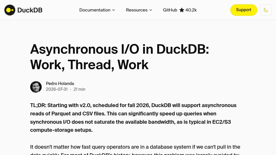 Screenshot of duckdb.org: Asynchronous I/O in DuckDB: Work, Thread, Work
