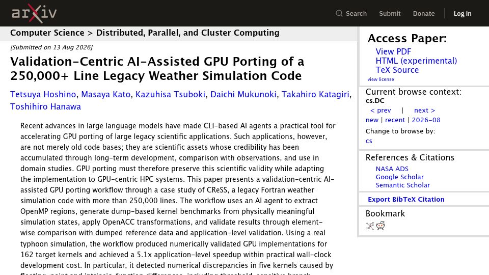 Screenshot of arxiv.org: AI-Assisted GPU Porting of a 250k Line Legacy Weather Simulation Code