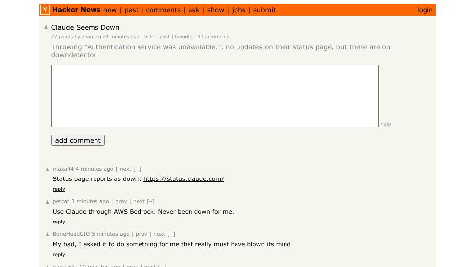 Screenshot of Hacker News post: Claude Seems Down