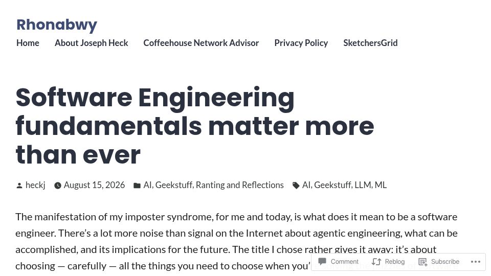Screenshot of rhonabwy.com: Software Engineering fundamentals matter more