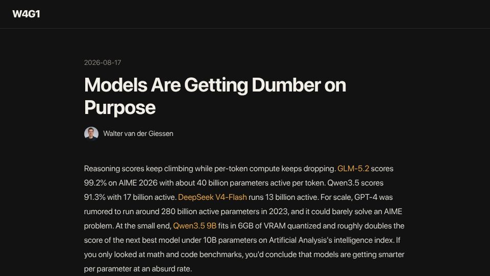 Screenshot of w4g1.dev: Models Are Getting Dumber on Purpose