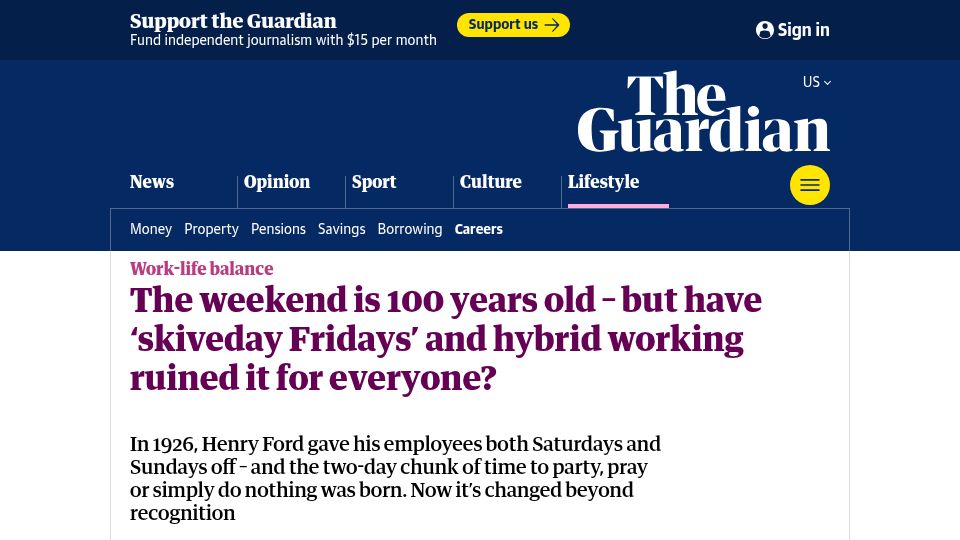 Screenshot of theguardian.com: The weekend is 100 years old