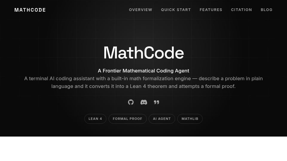 Screenshot of math-ai-org.github.io: MathCode, Mathematical Coding Agent