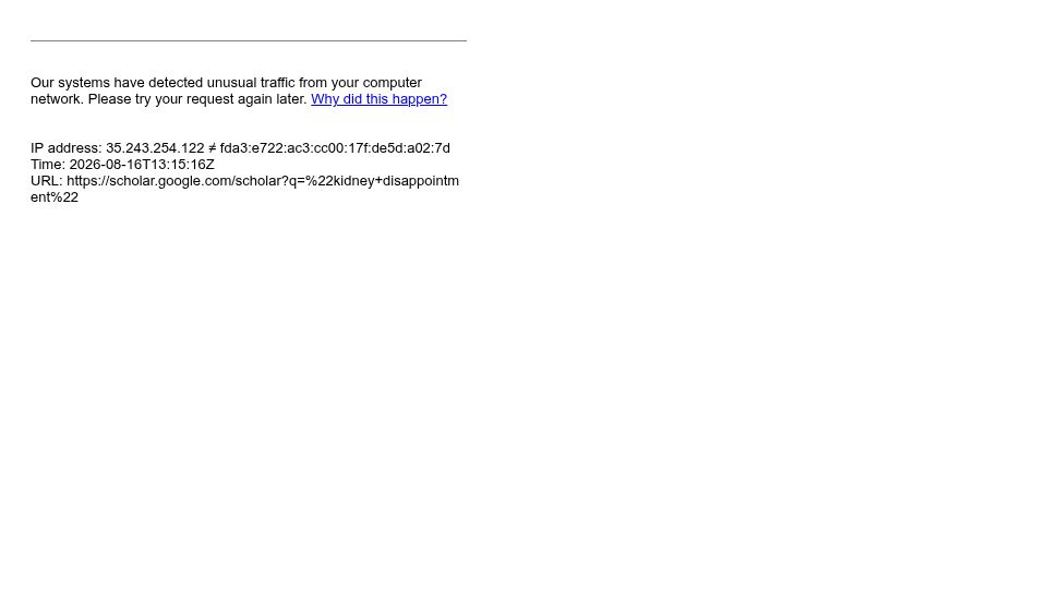 Screenshot of scholar.google.com: Research papers using "kidney disappointment" instead of "kidney failure"