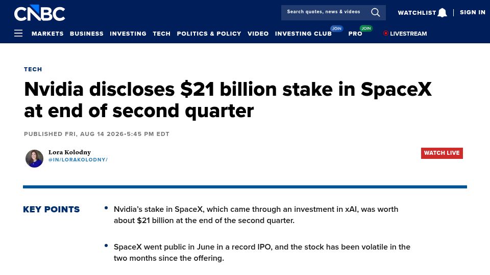 Screenshot of cnbc.com: Nvidia discloses $21B stake in SpaceX at end of second quarter
