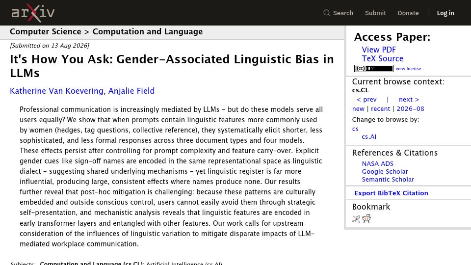 Screenshot of arxiv.org: It's How You Ask: Gender-Associated Linguistic Bias in LLMs