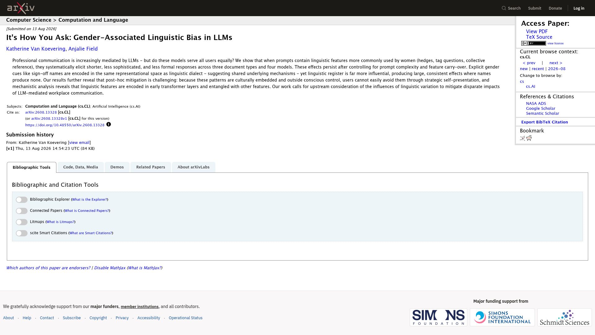 Screenshot of arxiv.org: It's How You Ask: Gender-Associated Linguistic Bias in LLMs