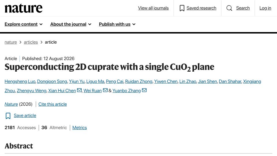 Screenshot of nature.com: Superconducting monolayer cuprate with a single CuO2 plane